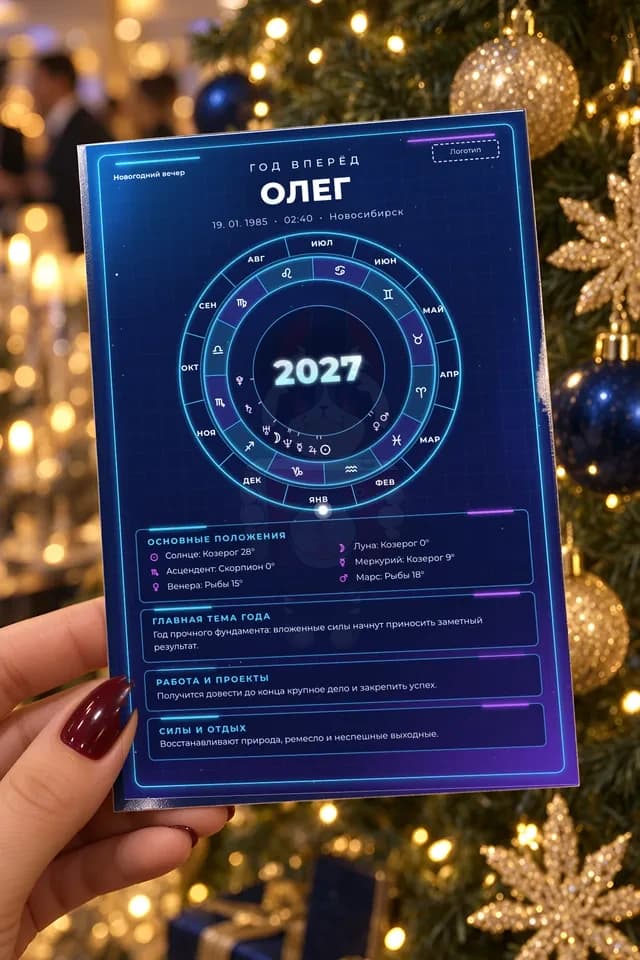 Карта «Год вперёд» с кольцом месяцев и 2027 в центре в руке гостьи у новогодней ёлки на корпоративе (иллюстрация, данные вымышленные)