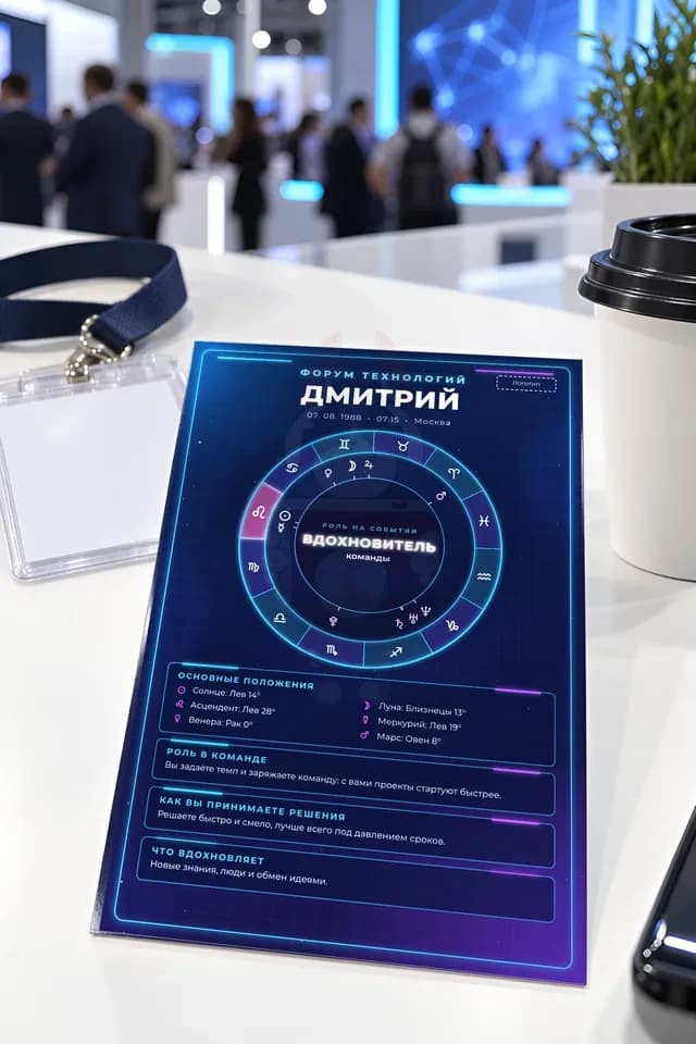 Карта под тему технологического форума с ролью гостя в центре круга на стойке выставочного стенда рядом с бейджем и кофе (иллюстрация, данные вымышленные)