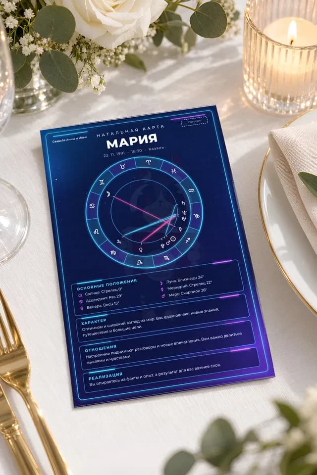 Натальная карта гостьи на свадебном столе с белыми розами, эвкалиптом и свечой (иллюстрация, данные вымышленные)