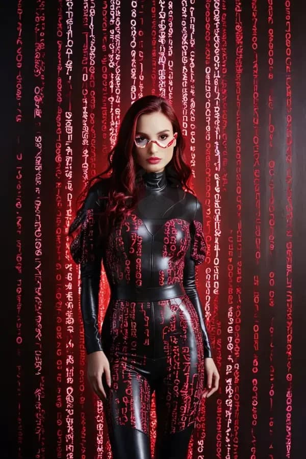 Стилизация фото, женский портрет: Матрица код (бордовый)