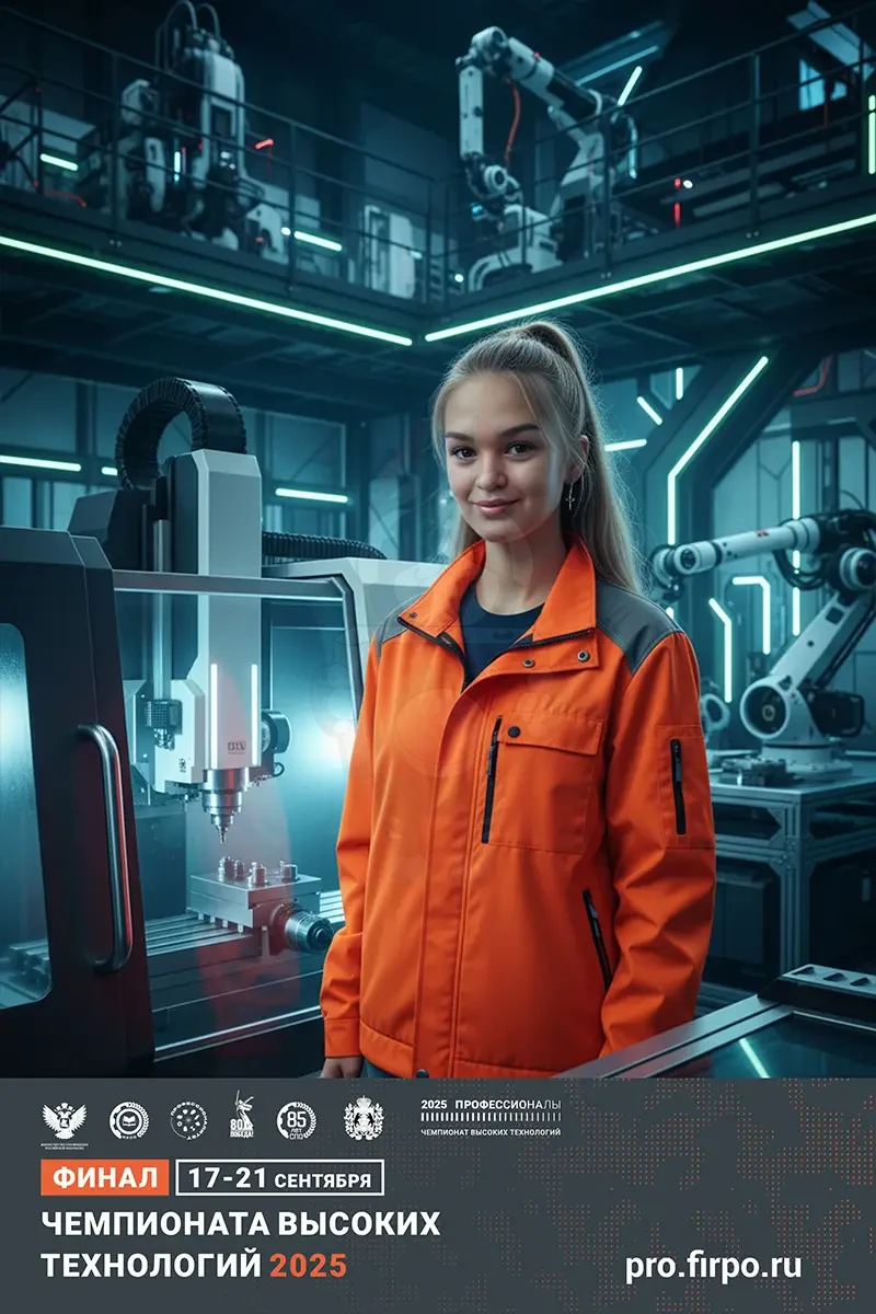 Результат нейросети: участница среди промышленных роботов, направление производство