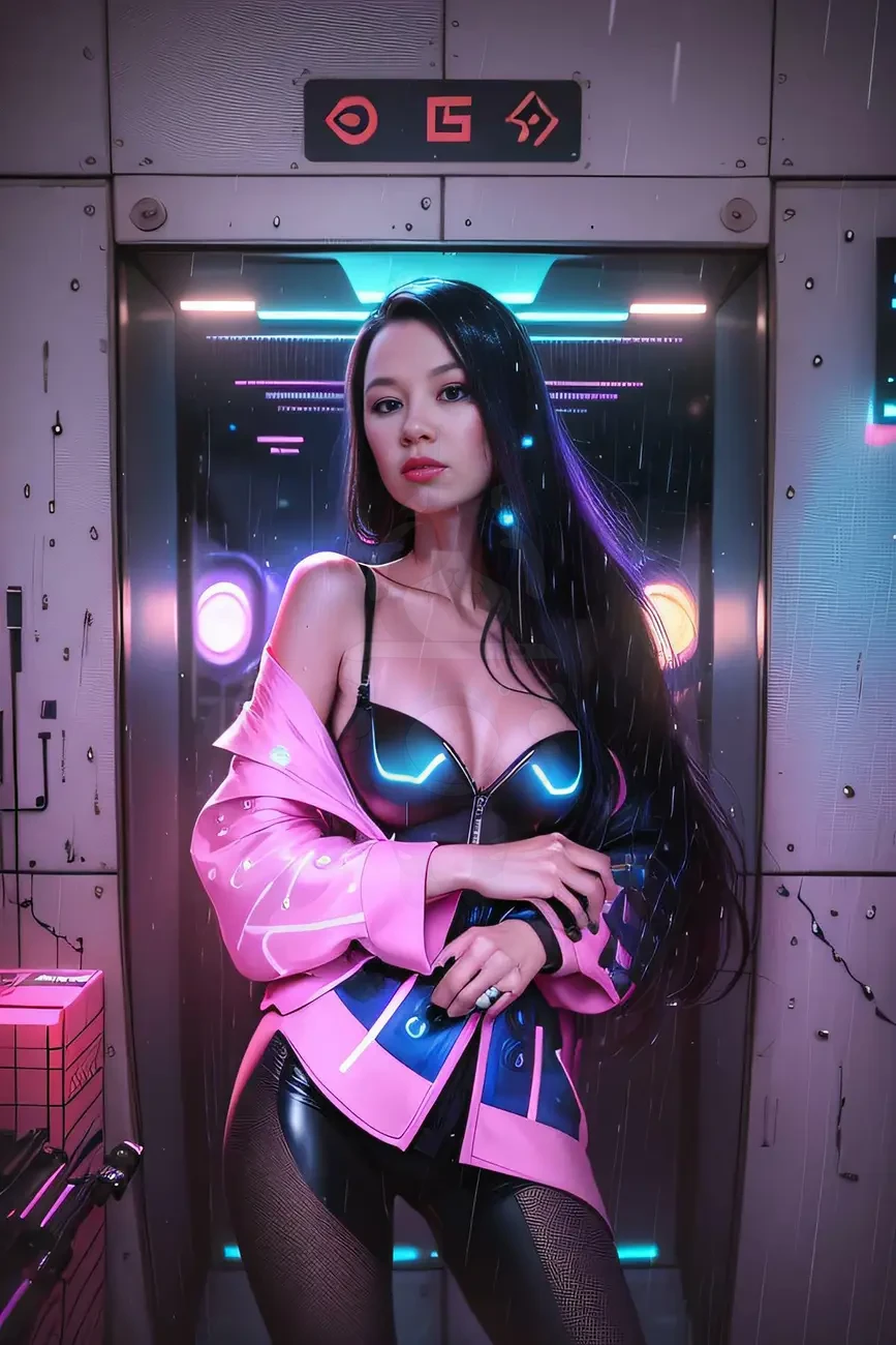 Портрет гостьи в стиле киберпанк, сгенерированный нейросетью на фотобудке MixUp