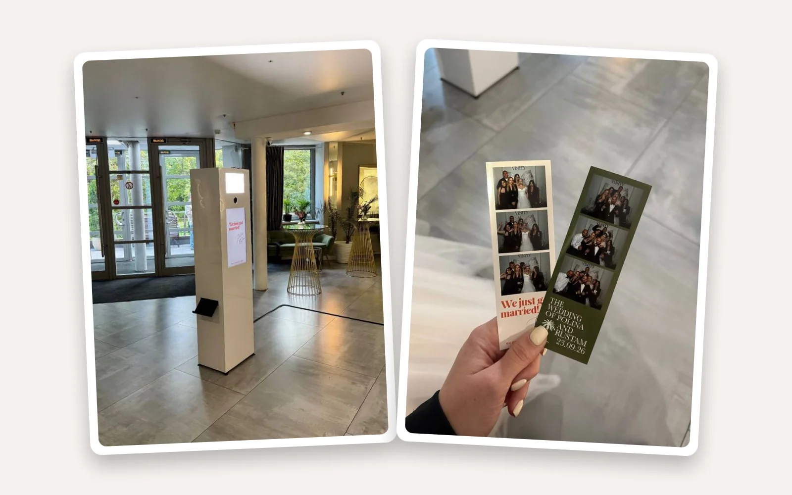 Классическая белая фотобудка в холле ресторана Vinity и свадебные фотополоски 5×15 в руке