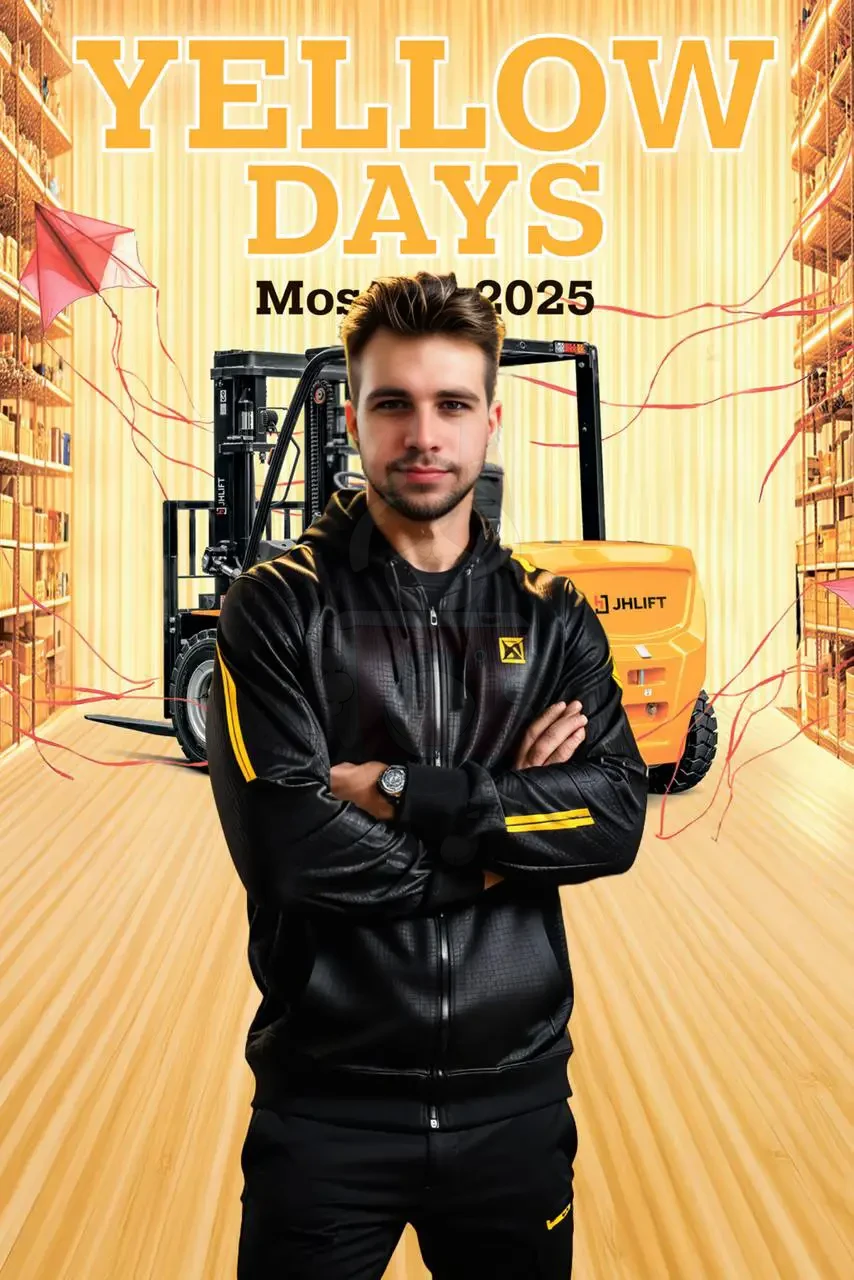 Результат нейросети: портрет в стиле Yellow Days с погрузчиком JHLIFT на складском фоне