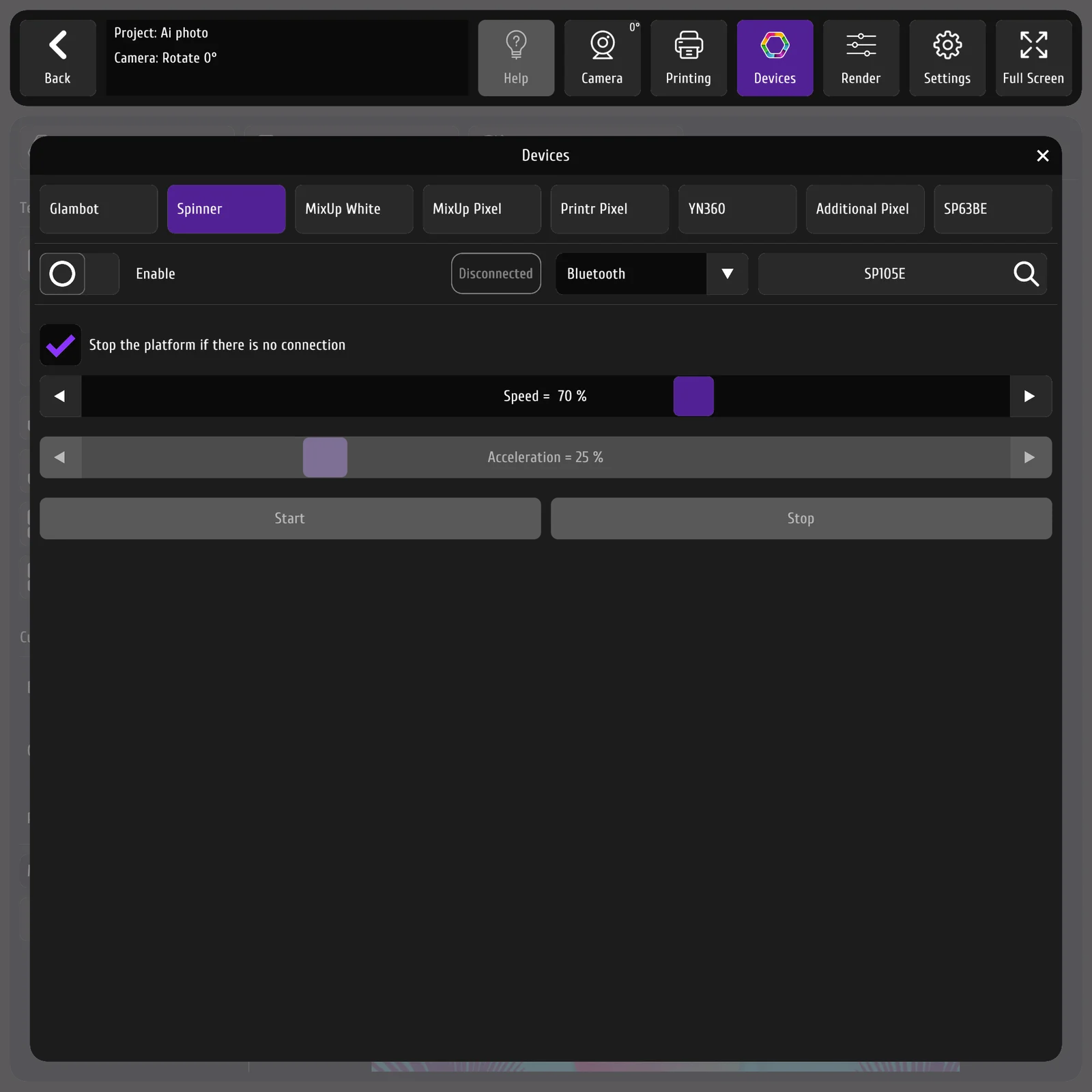 Управление платформой Spinner 360 из программы MixUp App